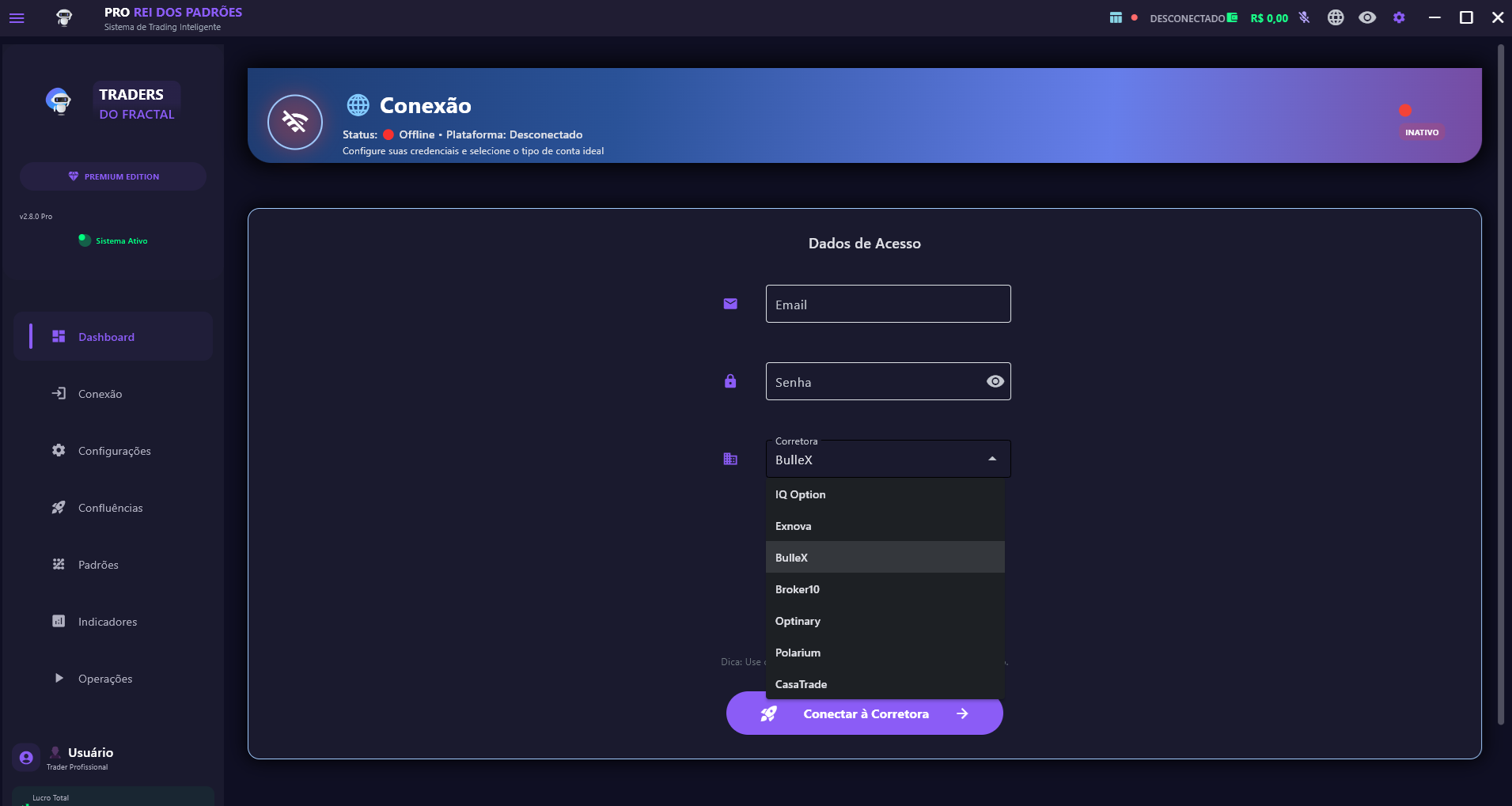 Tela de Conexão com Corretora